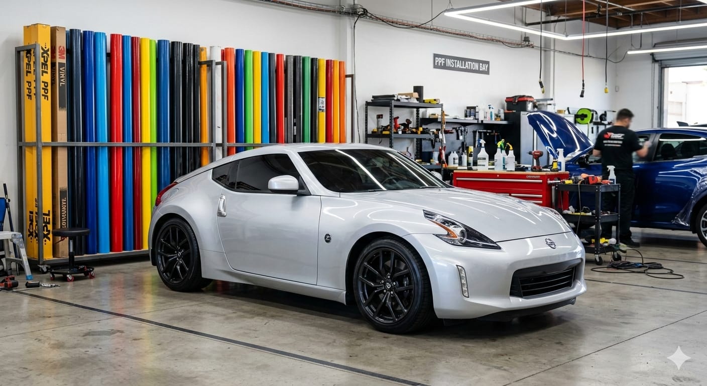 Silver sports car in a PPF installation bay with wrap films on the wall
